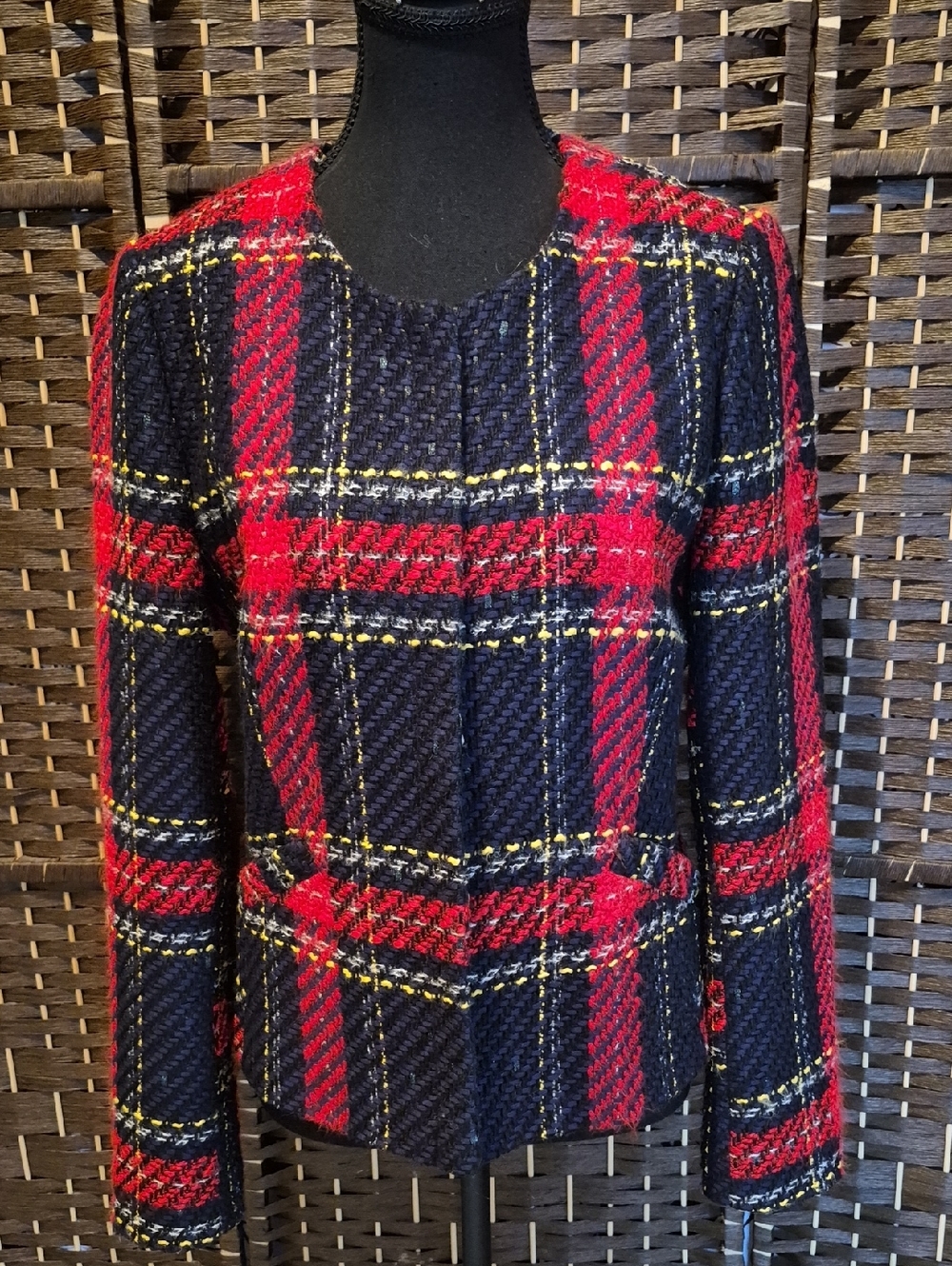 Women's Navy and Red Plaid Tweed Blazer